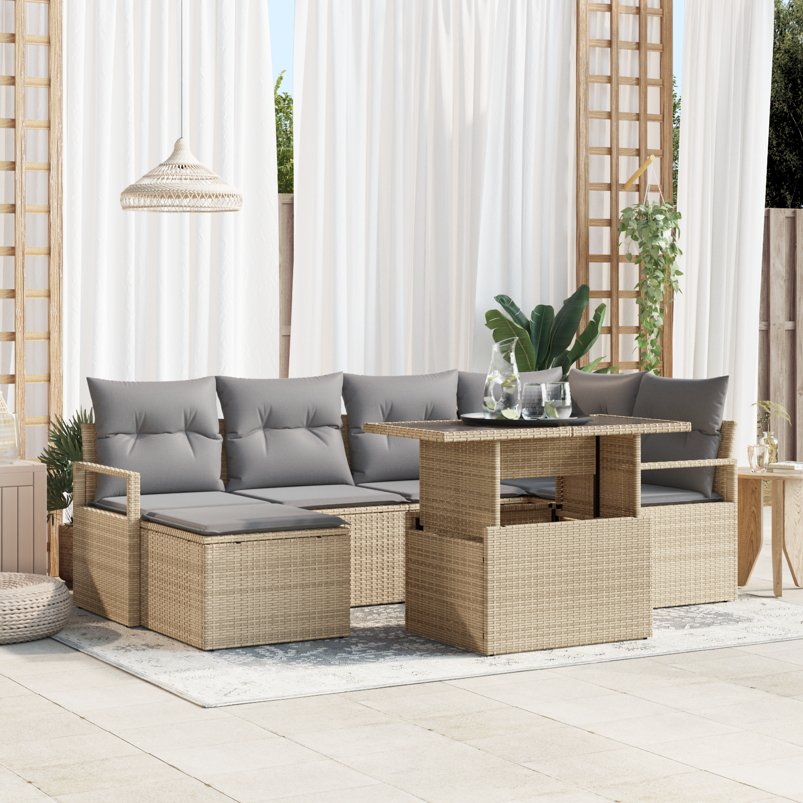 foto del prodotto set divano giardino 7 pezzi cuscini beige rattan poly