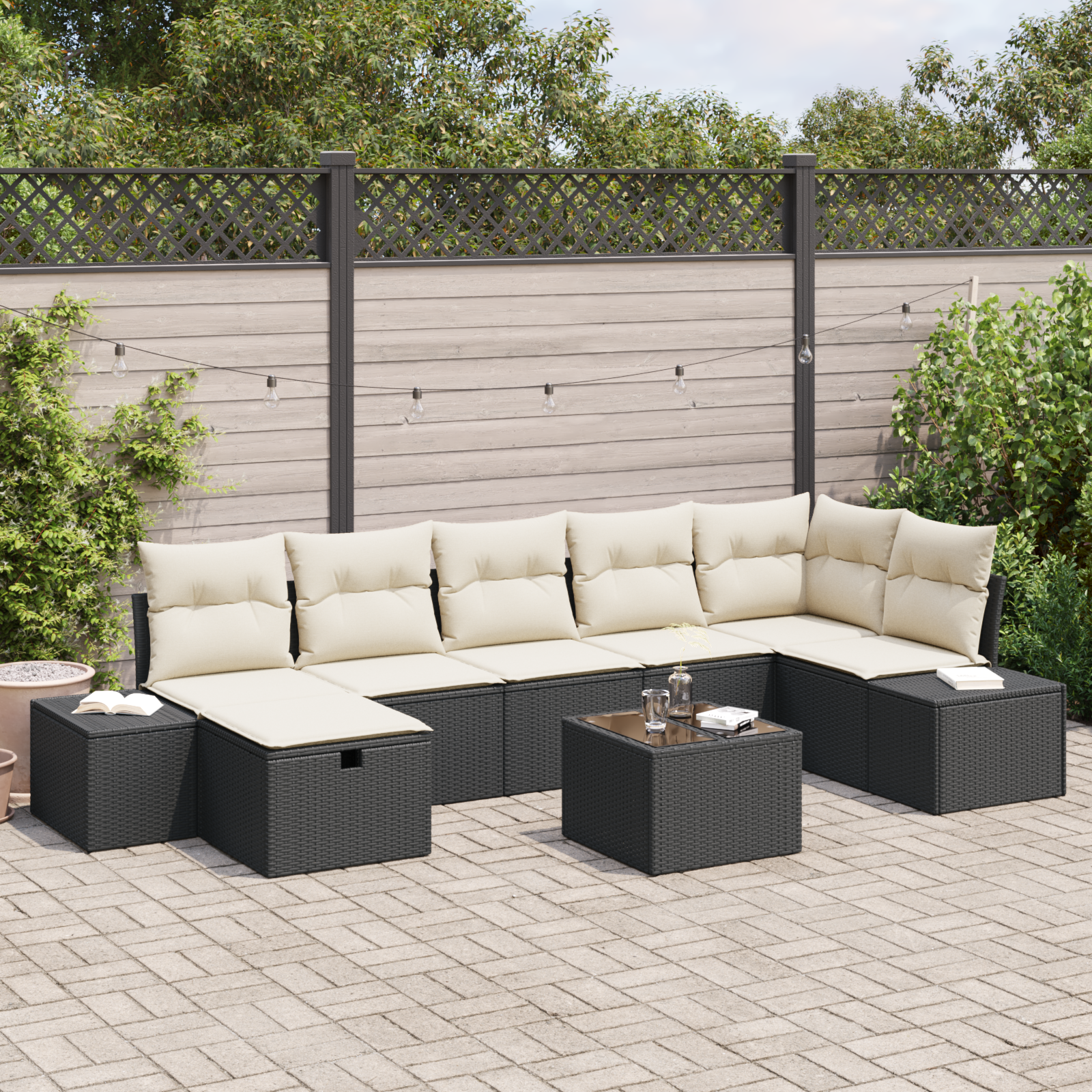 foto del prodotto set divano giardino 8 pezzi con cuscini in polyrattan nero