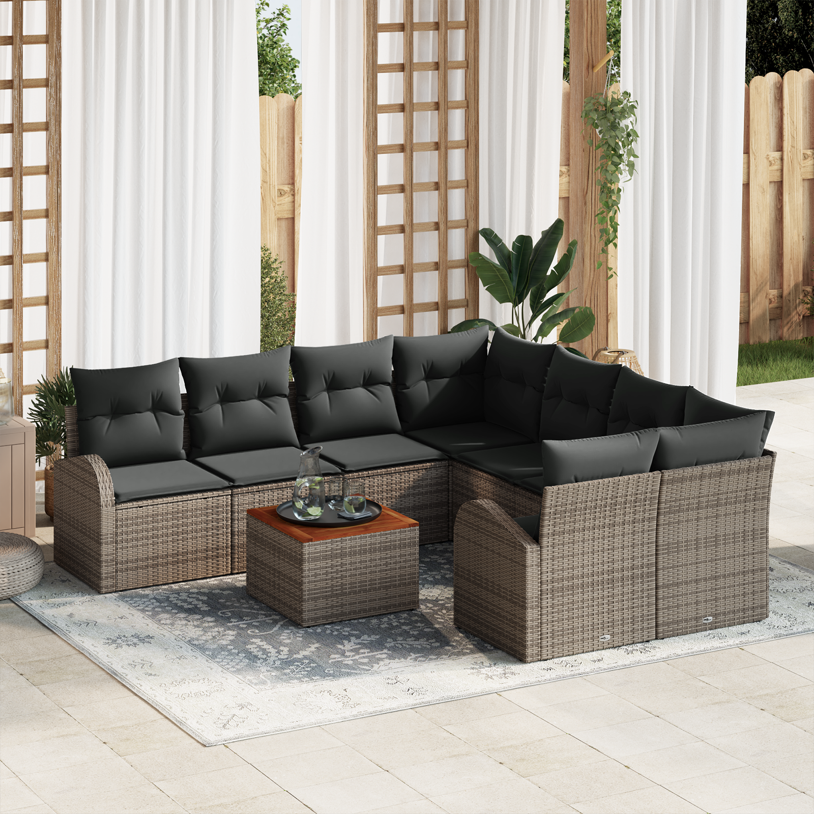 foto del prodotto set divano giardino 9 pezzi con cuscini grigio polyrattan acacia