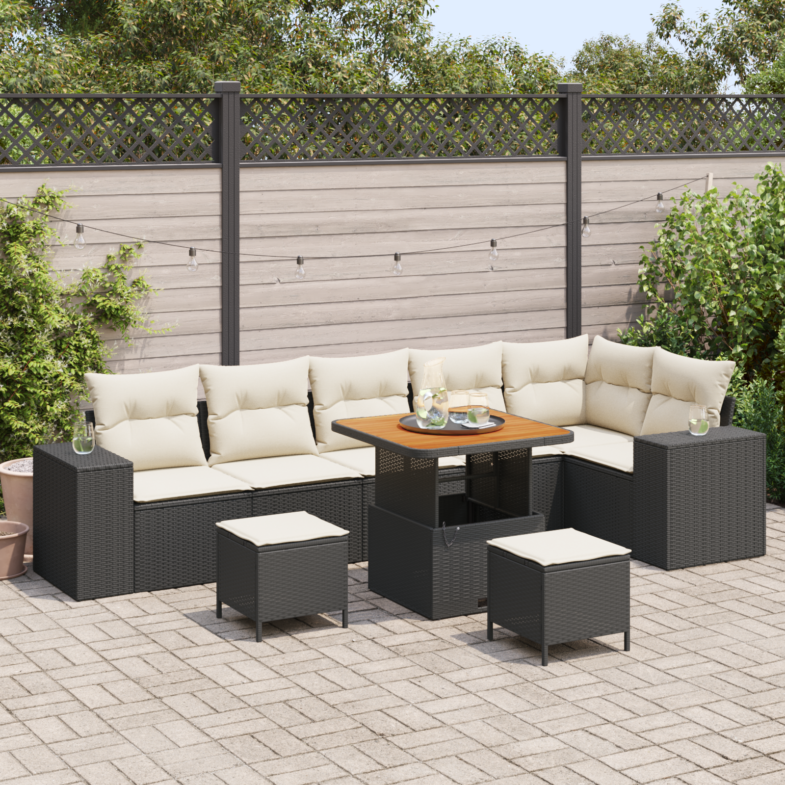foto del prodotto set divano giardino 9 pezzi con cuscini polyrattan nero e acacia