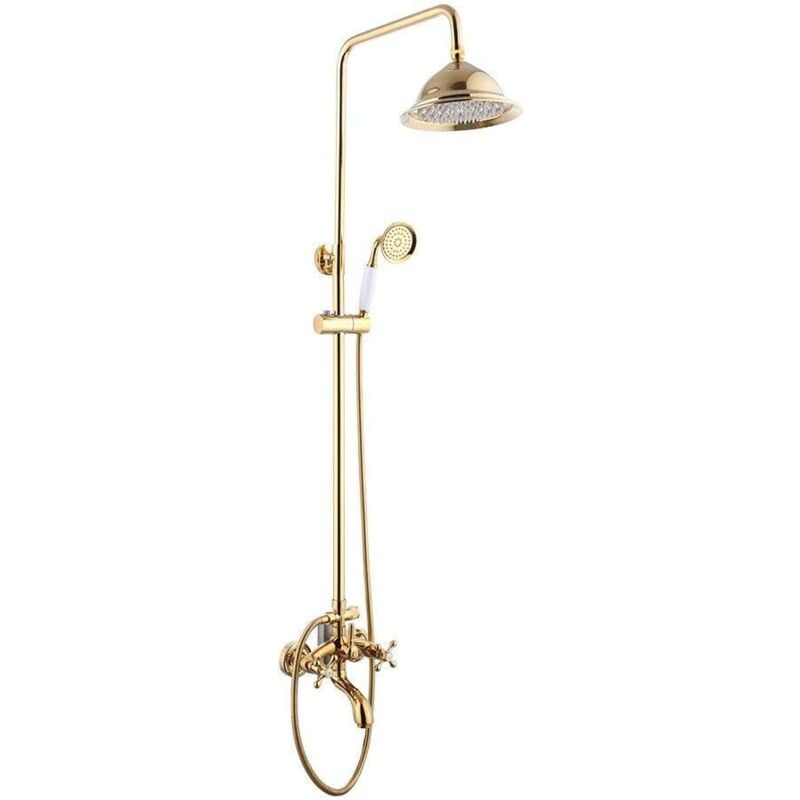 foto del prodotto set doccia a pioggia, sistema moderno, soffione doccia, doccetta, doccetta, set doccia a pioggia, miscelatore a parete oro 