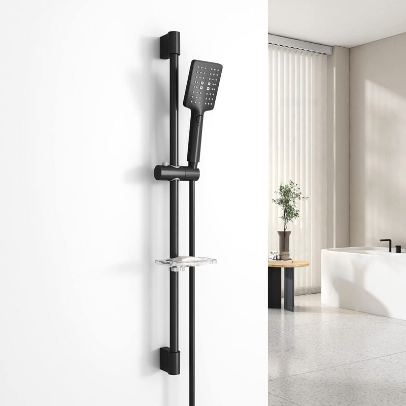 foto del prodotto set doccia con asta doccia 85 cm doccetta con tubo da 150 cm supporto per sapone, set doccia per bagno, colonna doccia, set doccia nero emke