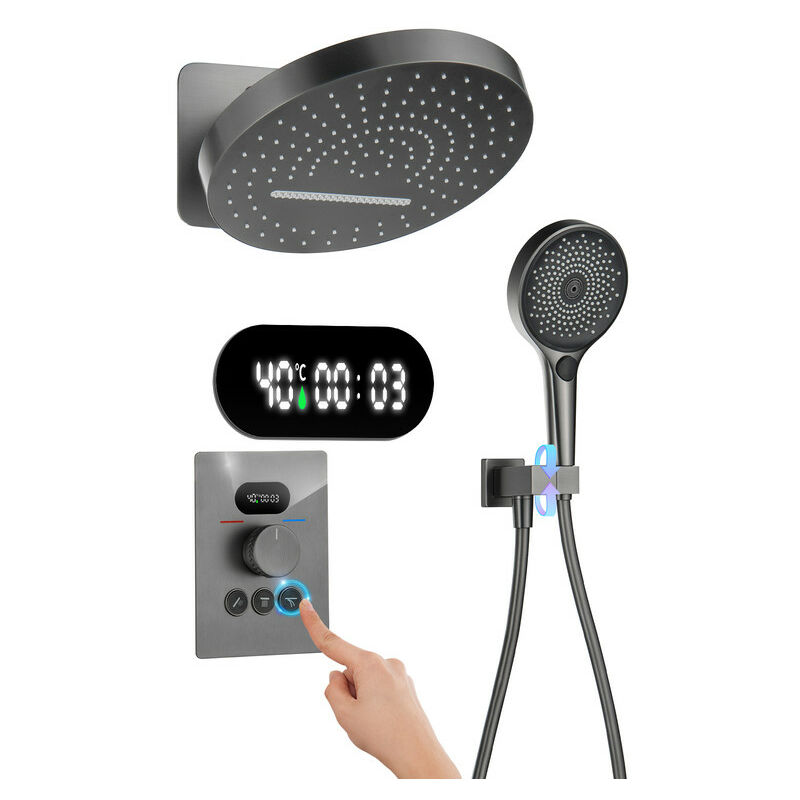 foto del prodotto set doccia da incasso colonna doccia termostatica con display digitale, sistema doccia a cascata e pioggia con testa doccia tondo 32cm, doccetta 3