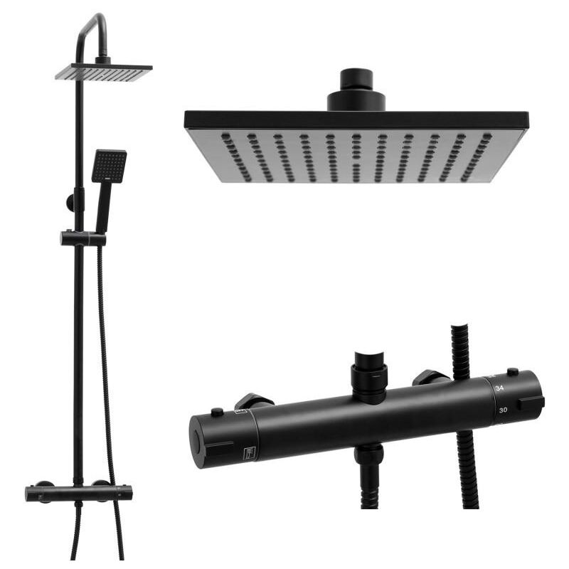 foto del prodotto set doccia nero con soffione a pioggia 20cm e rubinetto termostatico