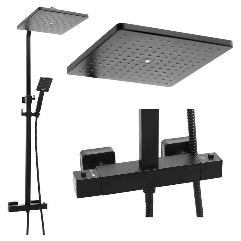 foto del prodotto set doccia nero con soffione a pioggia 30cm e rubinetto termostatico