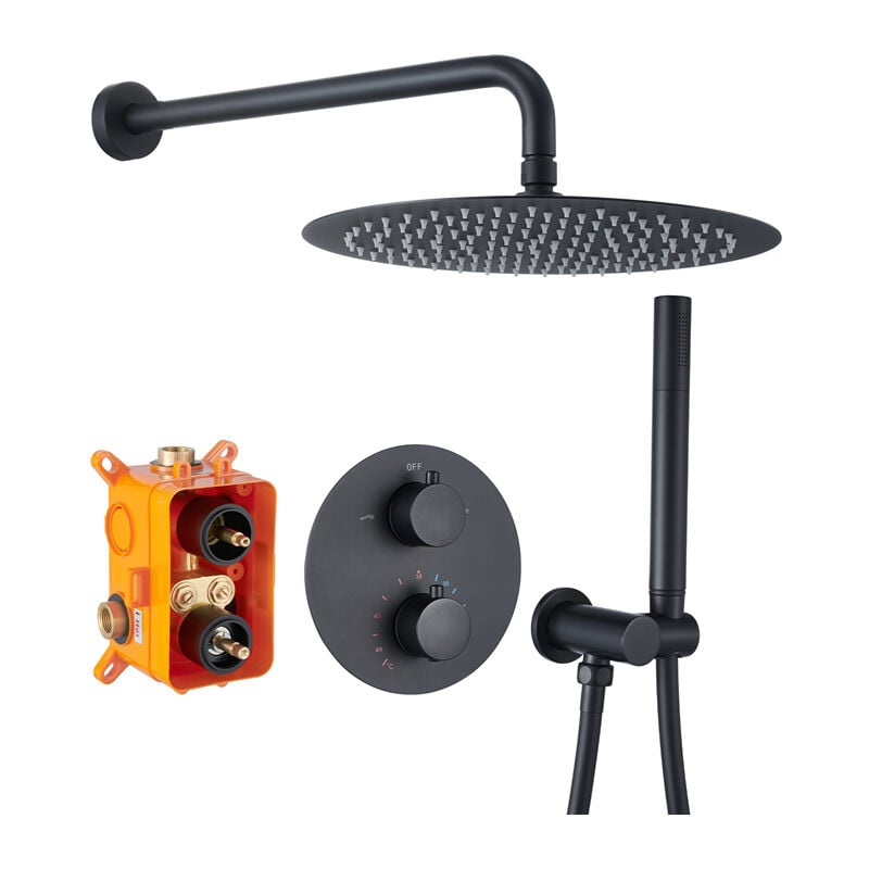 foto del prodotto set doccia nero con termostato set doccia antiscottatura con soffione in acciaio inox 30 x 30 cm doccetta a mano corpo in ottone