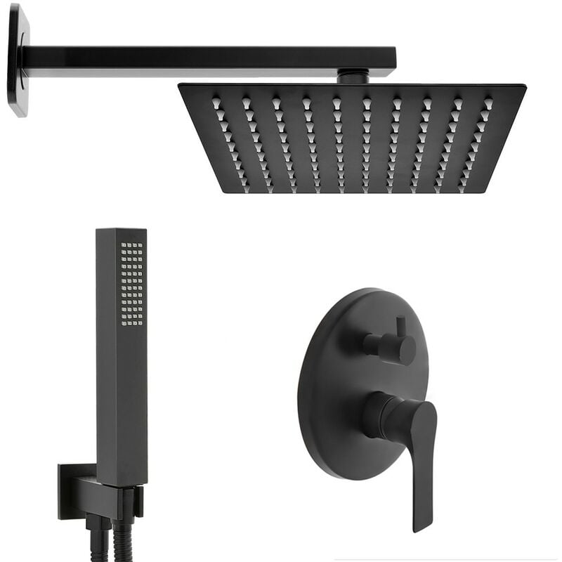 foto del prodotto set doccia nero opaco completo di soffione quadrato 25x25 cm, kit doccetta e miscelatore
