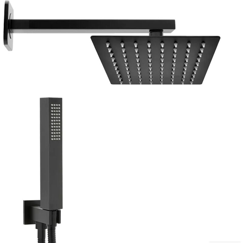 foto del prodotto set doccia nero opaco con braccio soffione rettangolare 30x20 e kit doccia