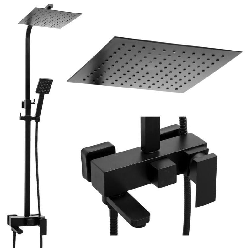 foto del prodotto set doccia quadrato con rubinetto vasca e doccia a pioggia 25 cm nero