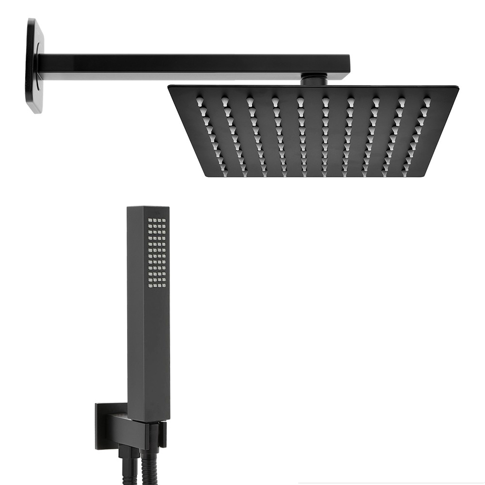 foto del prodotto set doccia quadrato nero opaco completo di soffione 20x20 cm e set doccetta