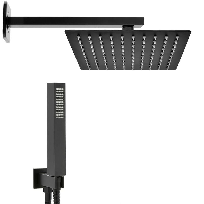 foto del prodotto set doccia quadrato nero opaco completo di soffione 25x25 cm e set doccetta