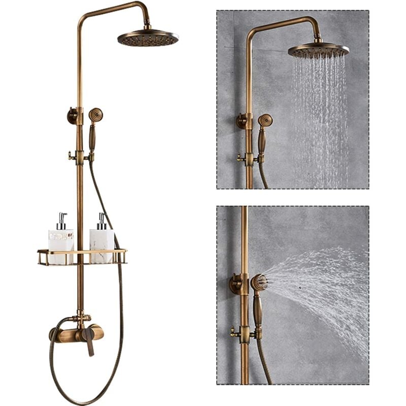 foto del prodotto set doccia retr sistema doccia in ottone anticato con termostato, doccia a pioggia, rubinetto per doccia, colonna doccia vintage con doccetta e