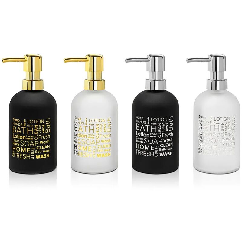 foto del prodotto set dosatore sapone liquido moderno in vetro colorato con stampe a contrasto