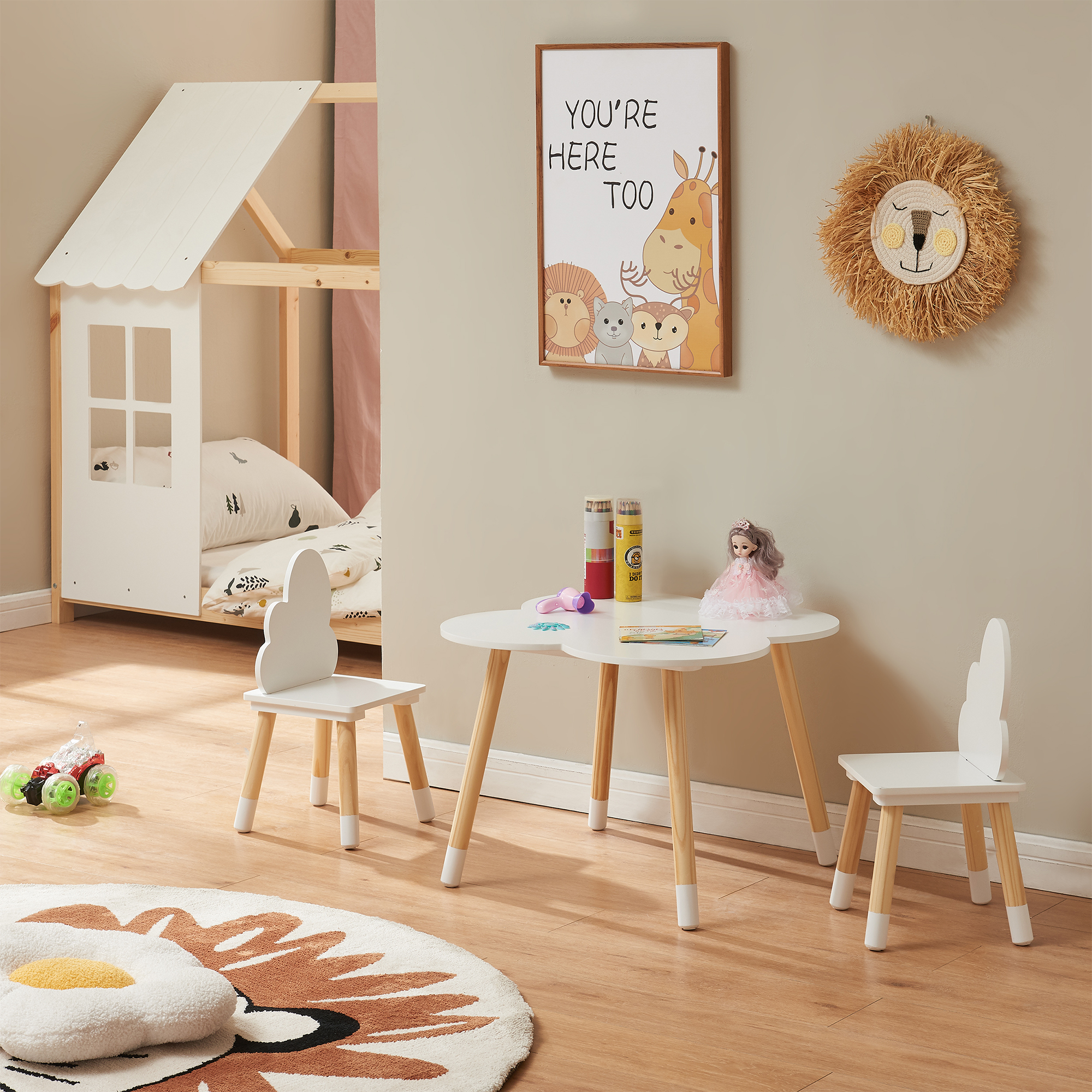 foto del prodotto set epim di 3 mobili per cameretta tavolino e 2 sedie bianco naturale en.casa 