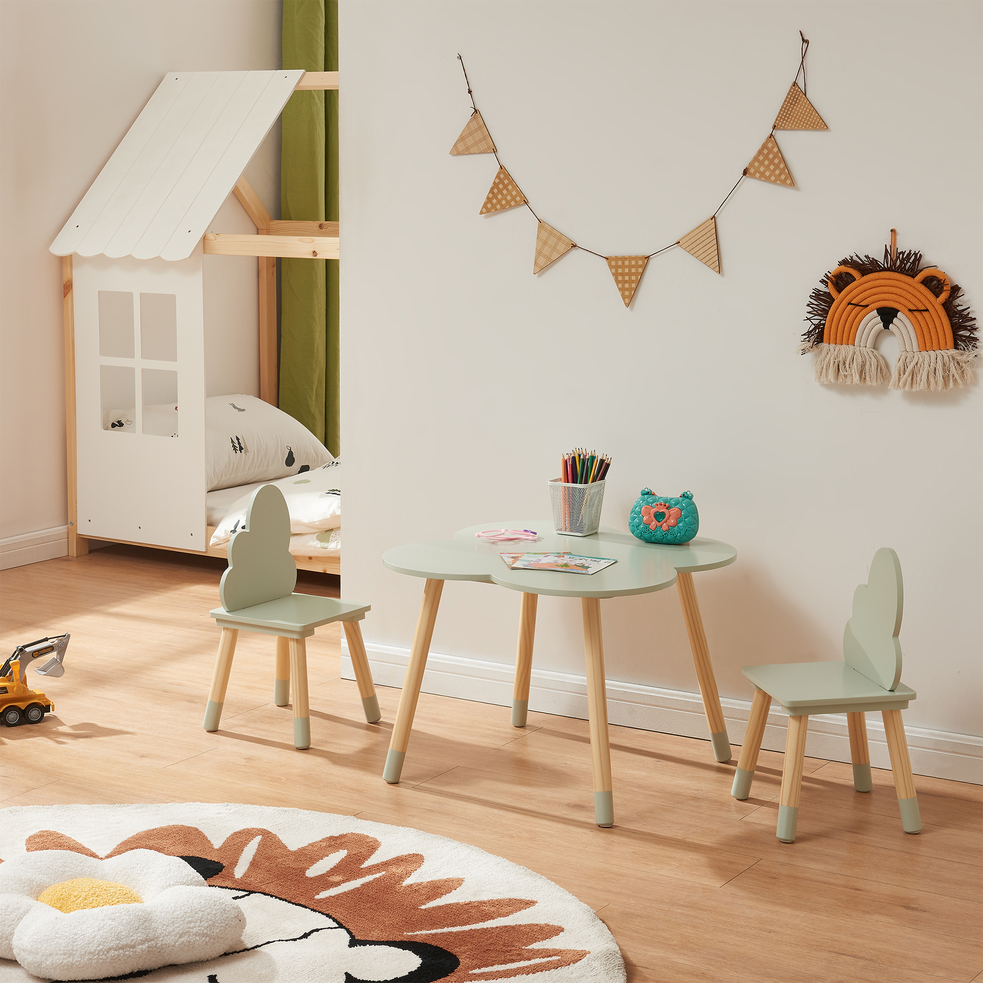foto del prodotto set epim di 3 mobili per cameretta tavolino e 2 sedie verde menta naturale en.casa 