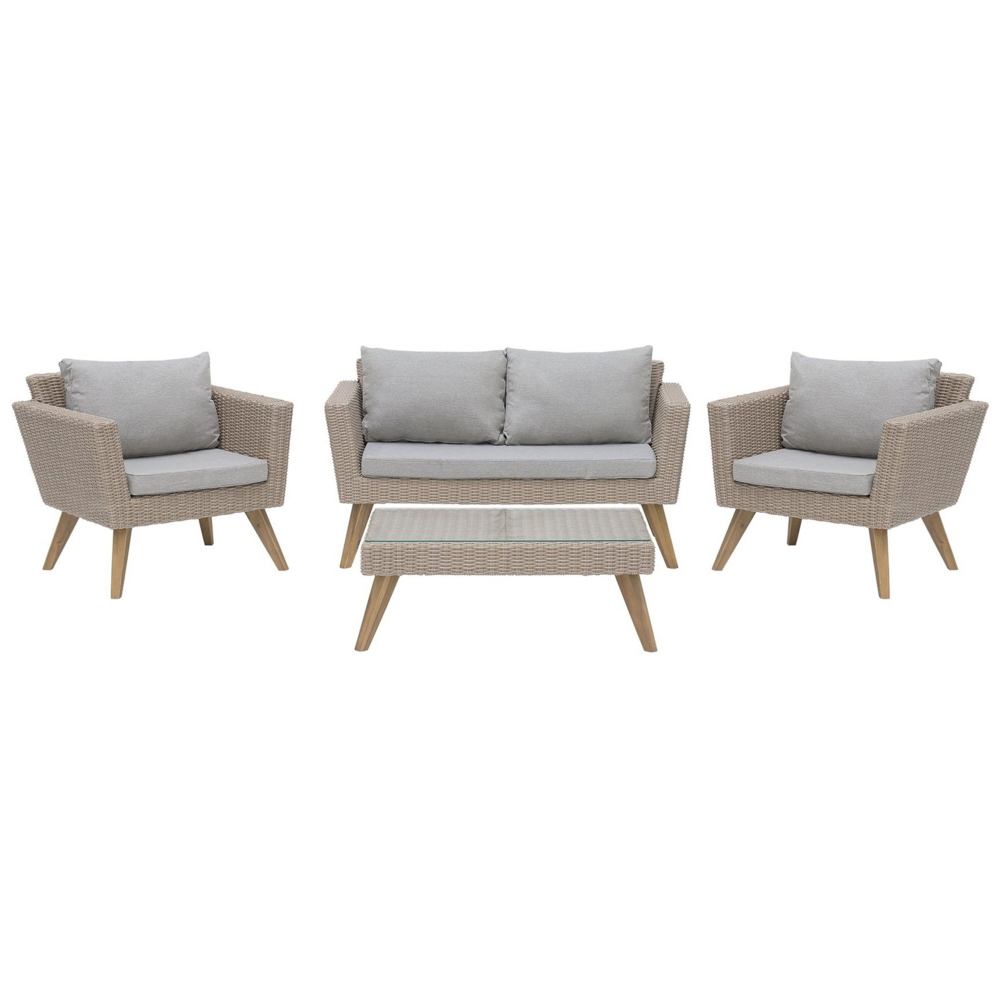 foto del prodotto set esterno rattan di colore marrone divanetto 2 poltrone tavolino cuscini grigi terrazzo giardino