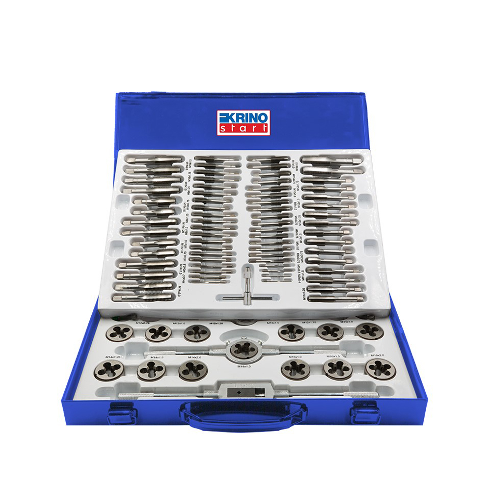 foto del prodotto set filiera filettatura 110pz box metallo filiere maschi femmine m mf 2-18 krino 09030502