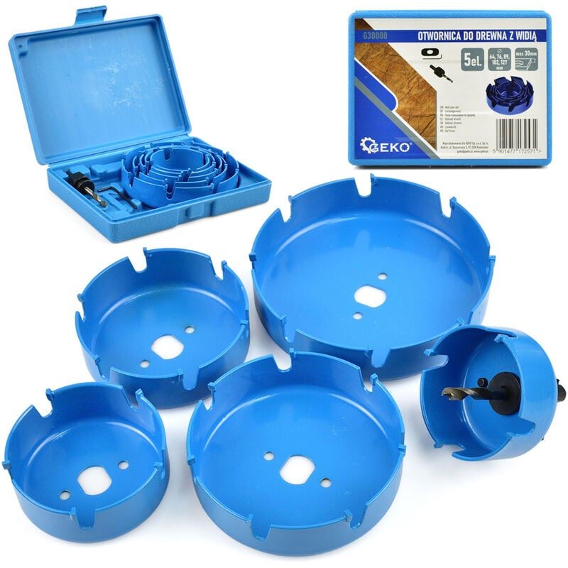 foto del prodotto set frese seghe a tazza per legno con lame in widia 5pz 64 127mm geko g30000
