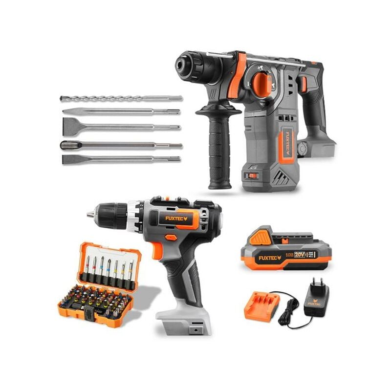 foto del prodotto set fuxtec 20v avvitatore a batteria trapano a percussione tassellatore set di punte e scalpelli