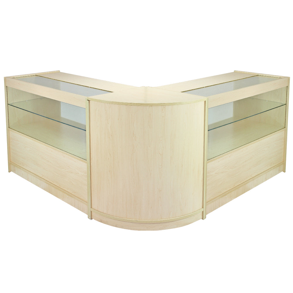foto del prodotto set gemini con 3 banconi da negozio e reception con finitura in acero laminato