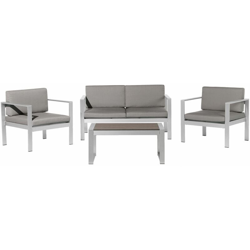foto del prodotto set giardino 4 pezzi divano simil legno grigio scuro 2 sedie e tavolino salerno