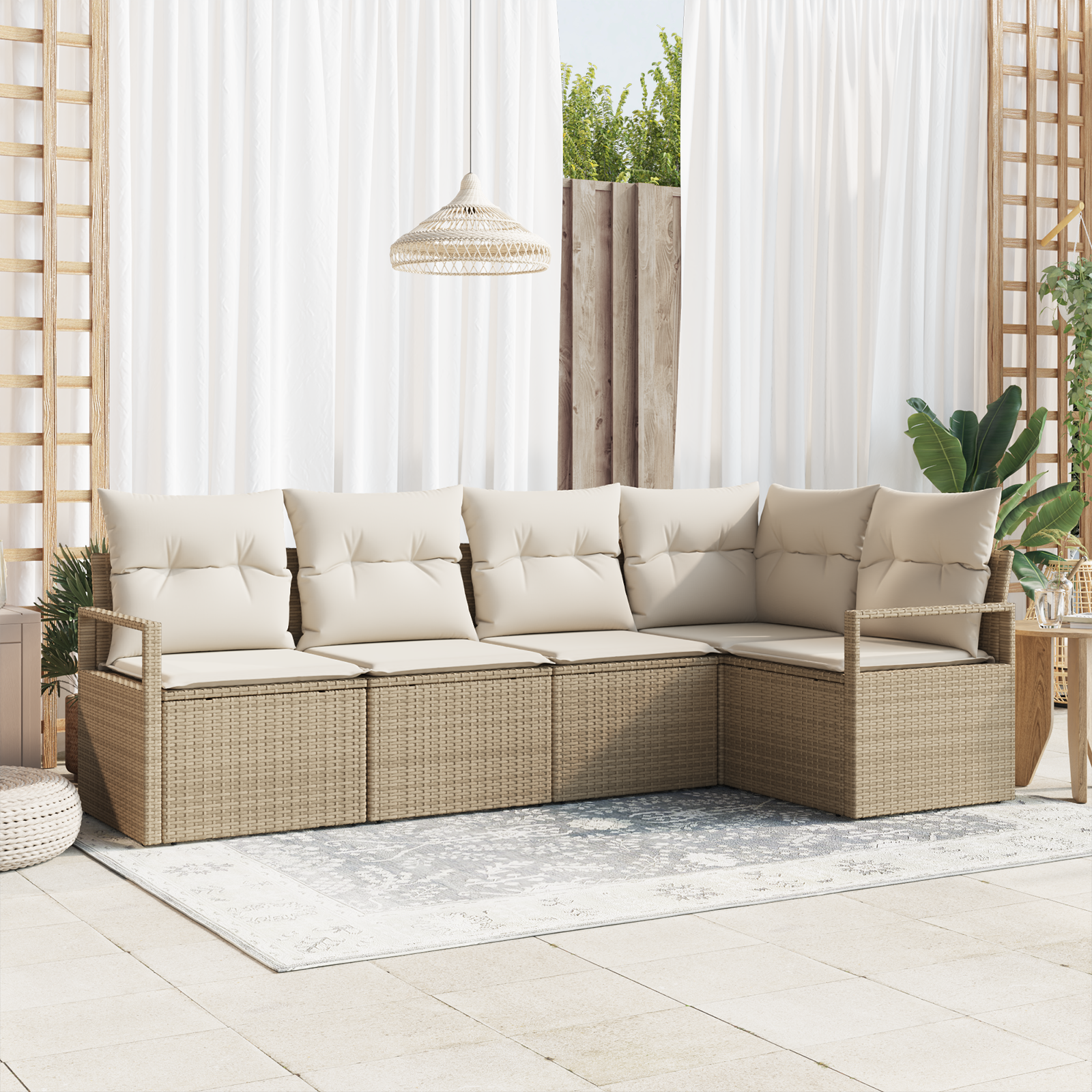foto del prodotto set giardino a 5 pezzi con cuscini beige in polyrattan