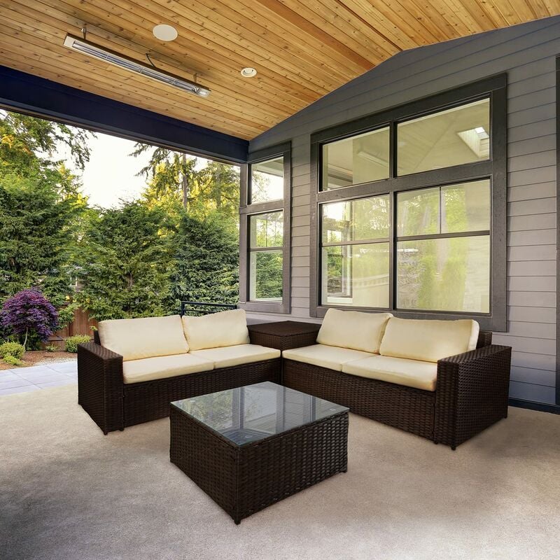foto del prodotto set giardino esterno con 2 divani angolari, 1 tavolo in vetro e cuscini inclusi salottino da giardino completo in rattan e acciaio design