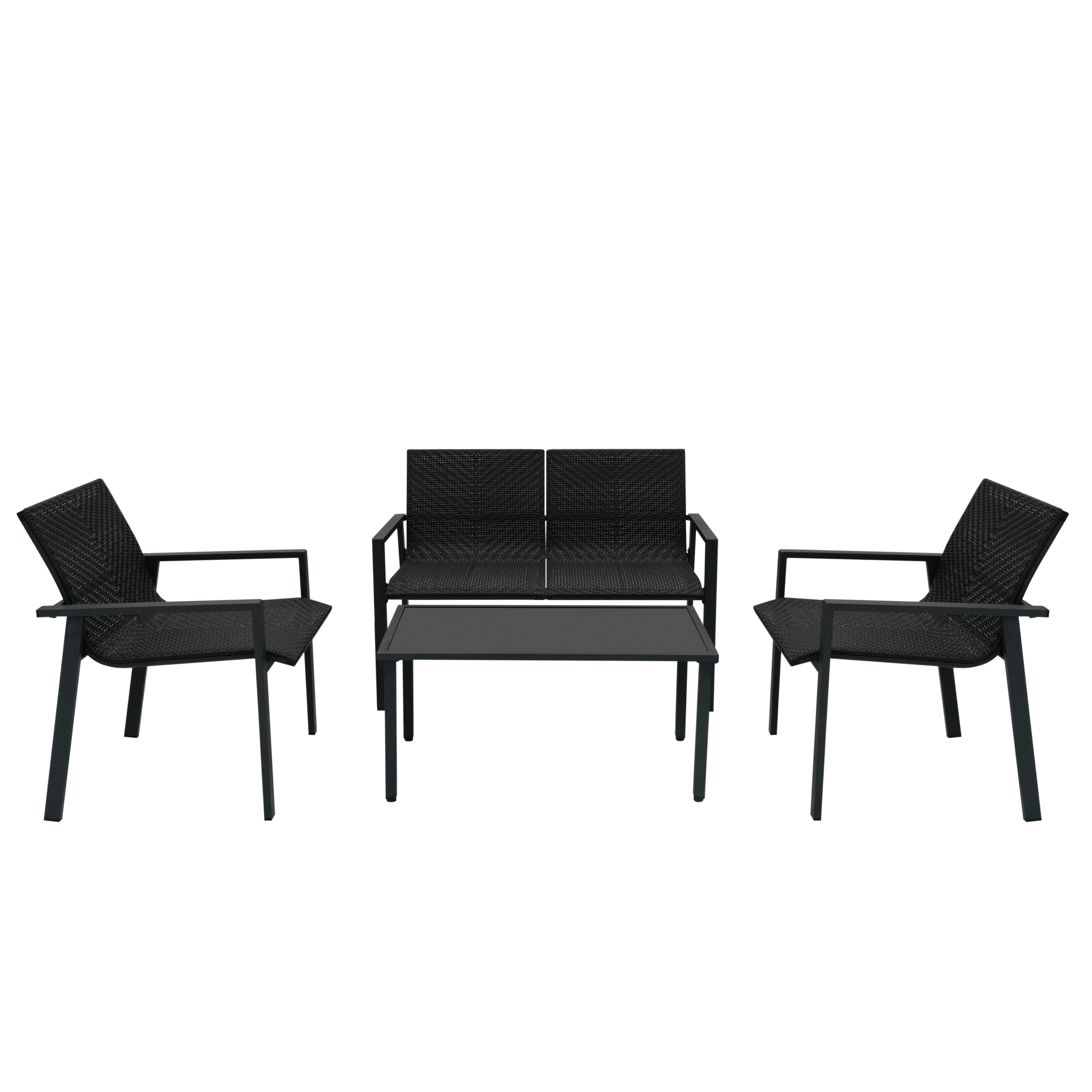 foto del prodotto set giardino rattan nero 4 pezzi con divano, poltrone, tavolino copertura
