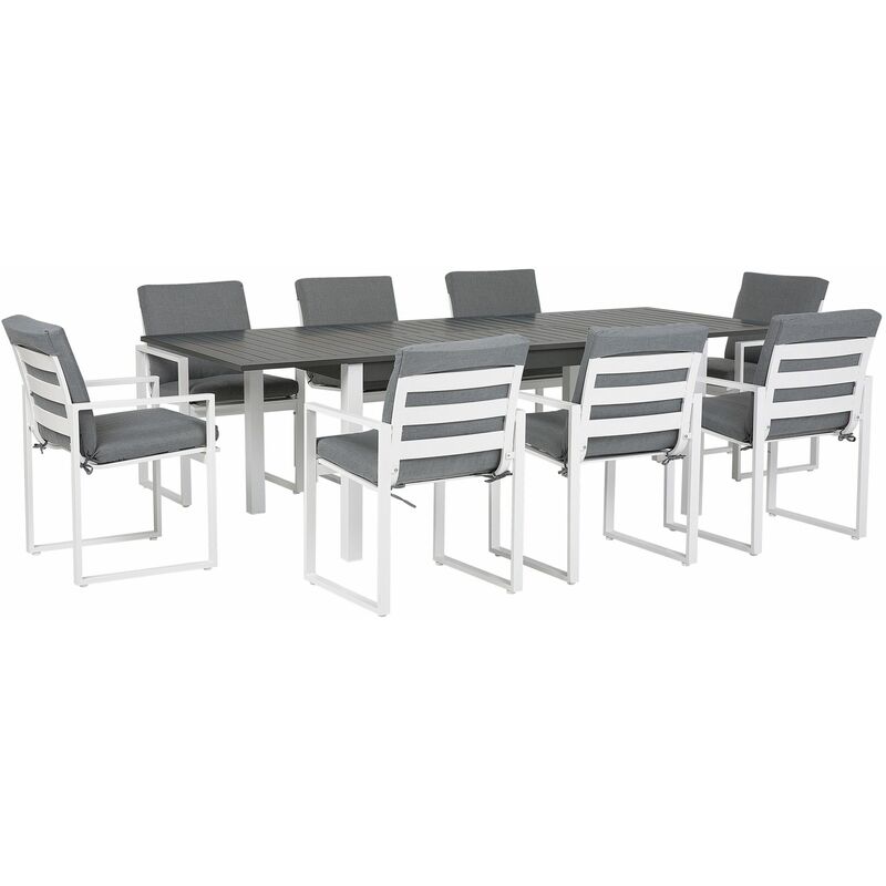 foto del prodotto set giardino tavolo allungabile alluminio bianco 8 sedie cuscini grigi pancole