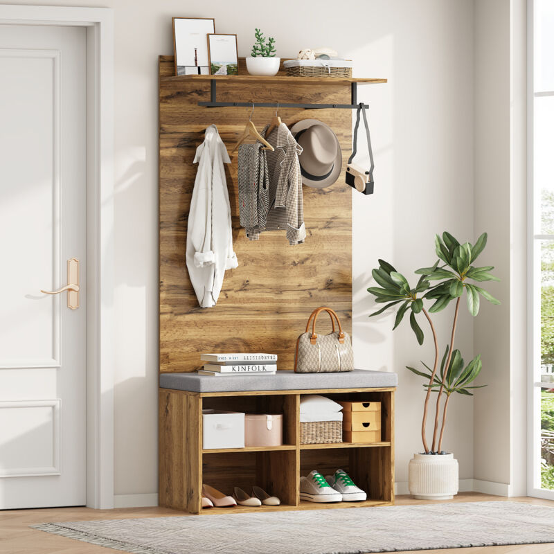 foto del prodotto set guardaroba alto 175 cm in effetto legno con panca per scarpe, ripiano regolabile, bastone appendiabiti e cuscino 84 x 32 cm pratico mobile da