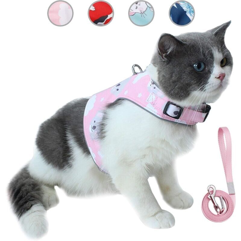 foto del prodotto set guinzaglio e imbracatura per gatti a prova di fuga, gilet riflettente regolabile per animali domestici, maglia morbida traspirante con innovativa