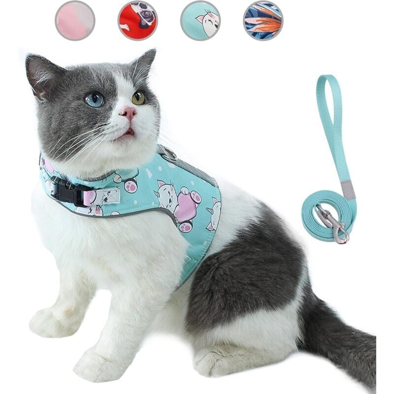 foto del prodotto set guinzaglio e imbracatura per gatti a prova di fuga, gilet riflettente regolabile per animali domestici, maglia morbida traspirante con innovativa