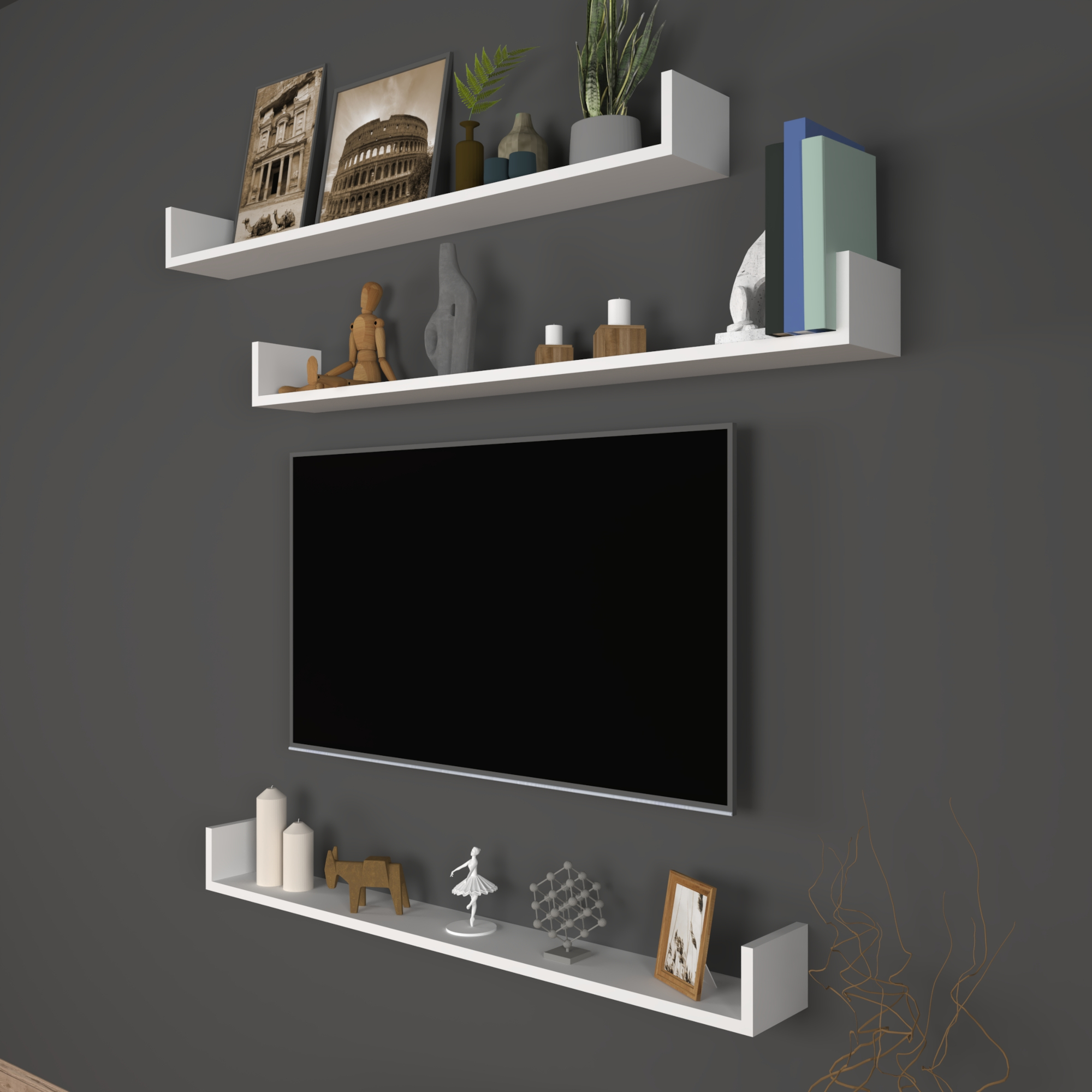 foto del prodotto set 'h gan s' 3 mensole da muro - consolli pensili con piano d'appoggio a forma di u - largo 120 cm - bianco en.casa