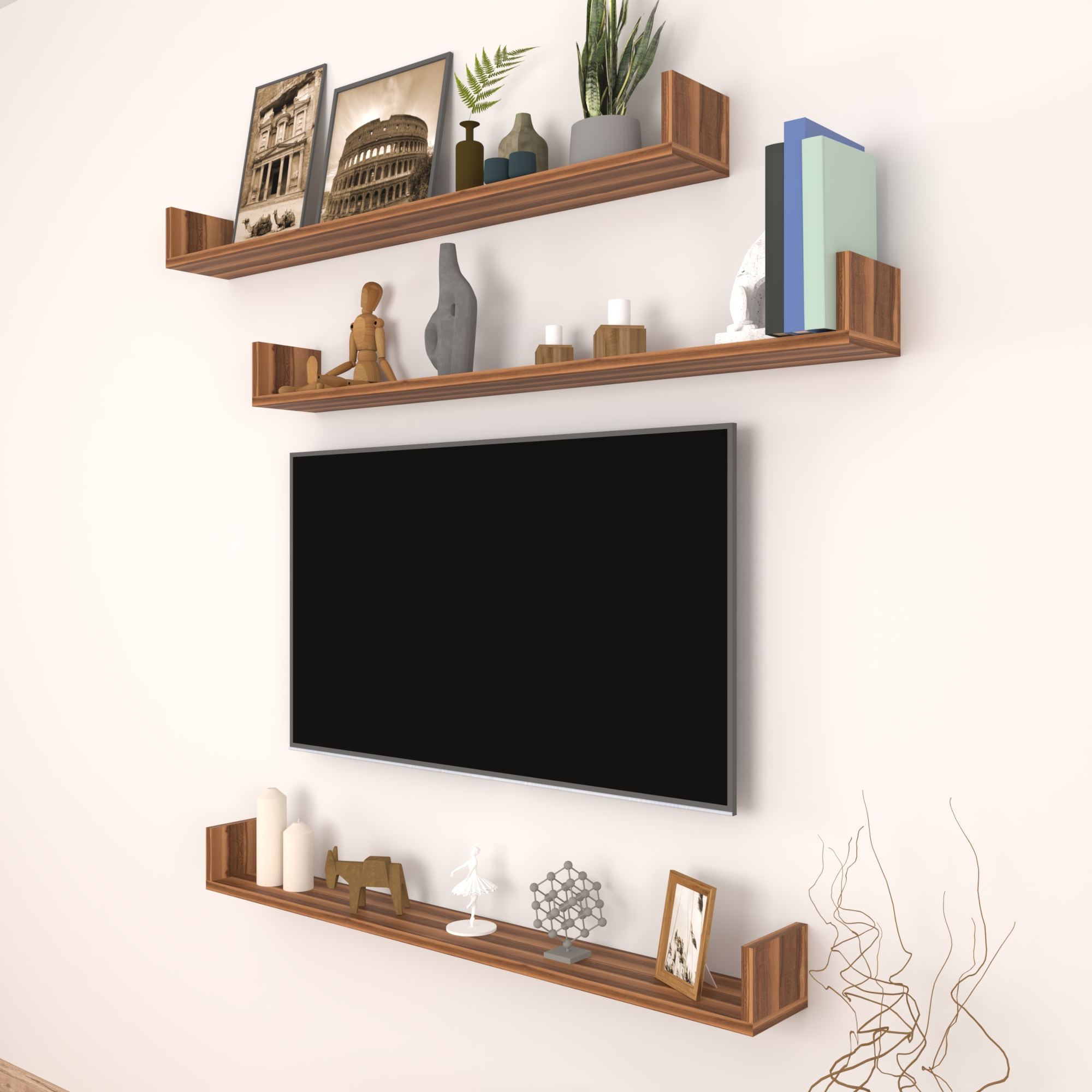 foto del prodotto set 'h gan s' 3 mensole da muro - consolli pensili con piano d'appoggio a forma di u - largo 120 cm - effetto noce