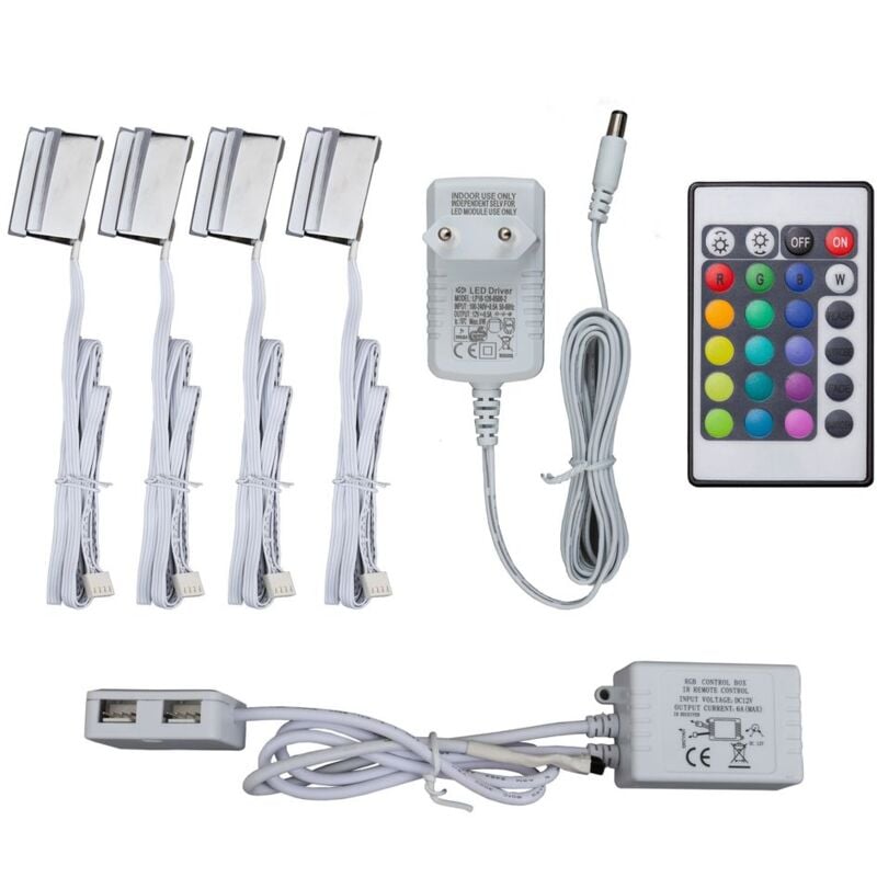 foto del prodotto set illuminazione led per ripiani in vetro, 4 clip led rgb, illuminazione vetrinette, incl. telecomando rgb con funzione di cambiamento del colore