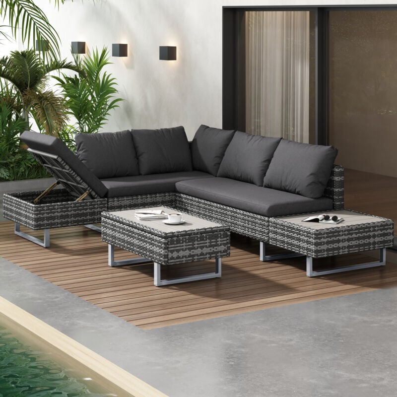foto del prodotto set in rattan, set salotto con divani da giardino, mobili da giardino per 4 5 persone, soggiorno con divano ad angolo, tavolo, cuscini,