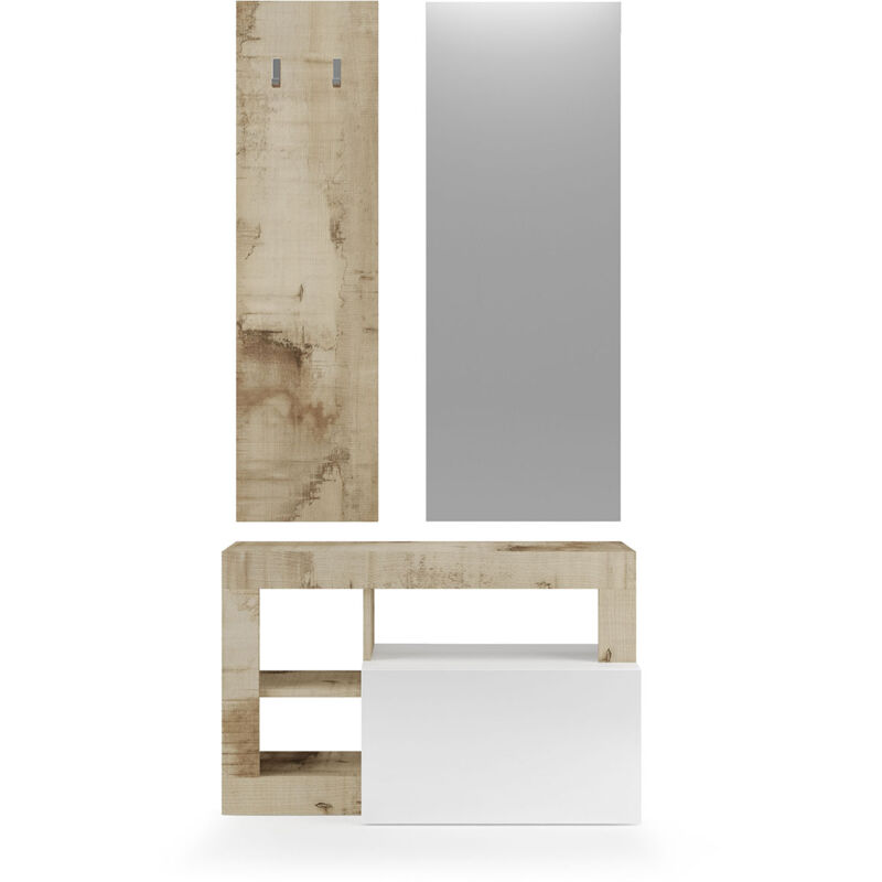 foto del prodotto set ingresso mobile 1 anta a ribalta appendiabiti 90,5x36x170 cm e specchio 50x110 cm hamburg bianco lucido e pero