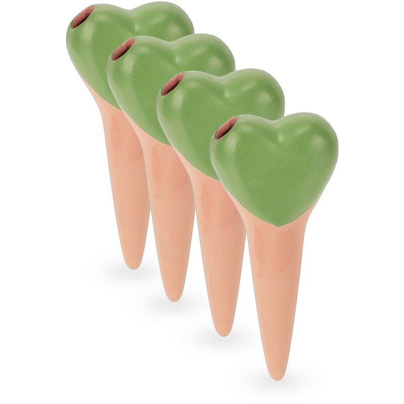foto del prodotto set irrigazione a goccia, 4 coni per piante in vaso e fioriere, innaffiatori 70 ml, argilla, terracotta verde relaxdays