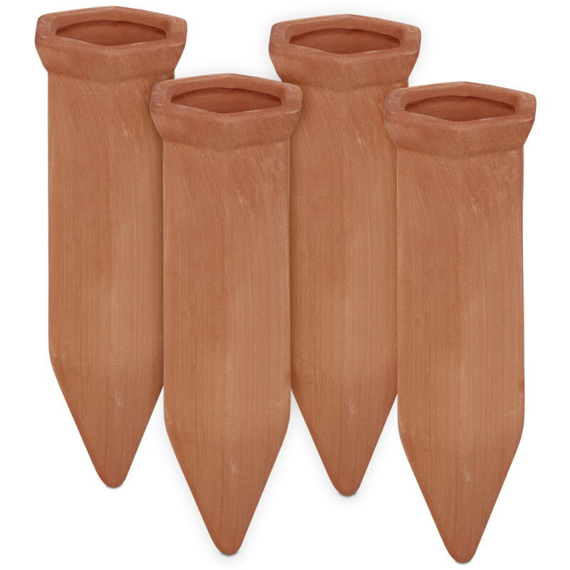 foto del prodotto set irrigazione a goccia, set 4 coni in ceramica, irrigatori bottiglie 1,5 l, hlp 14x4,5x4 cm, terracotta relaxdays