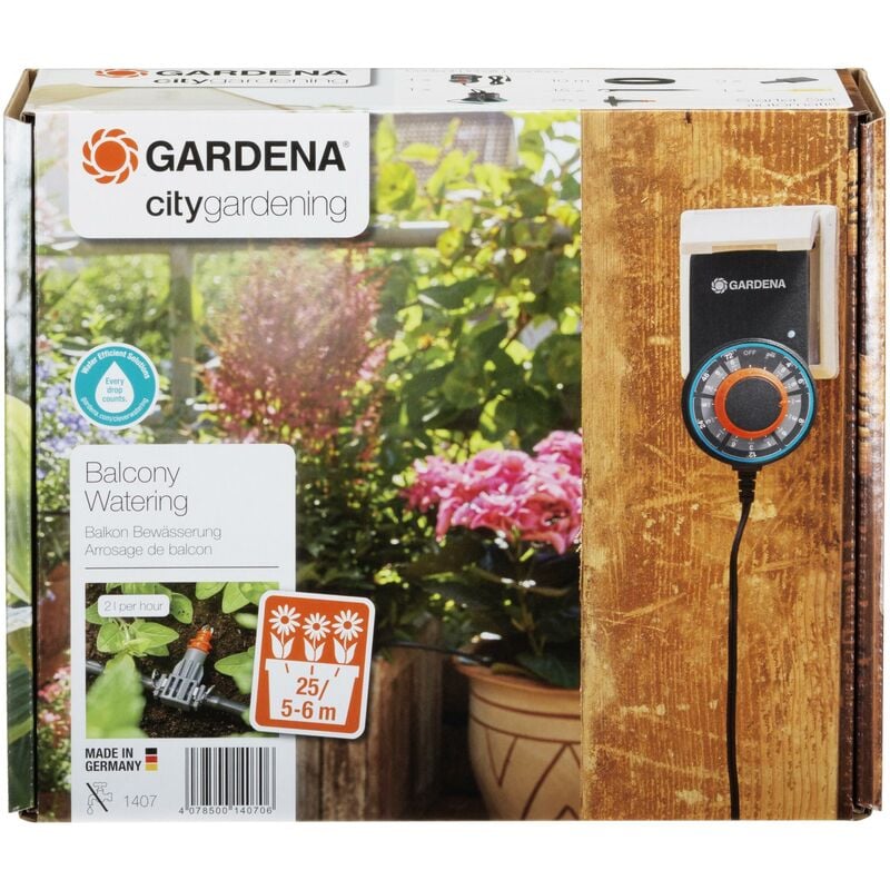 foto del prodotto set irrigazione da balcone programmabile, per innaffiare automaticamente fino a 6 metri di fioriere 1407 20 gardena