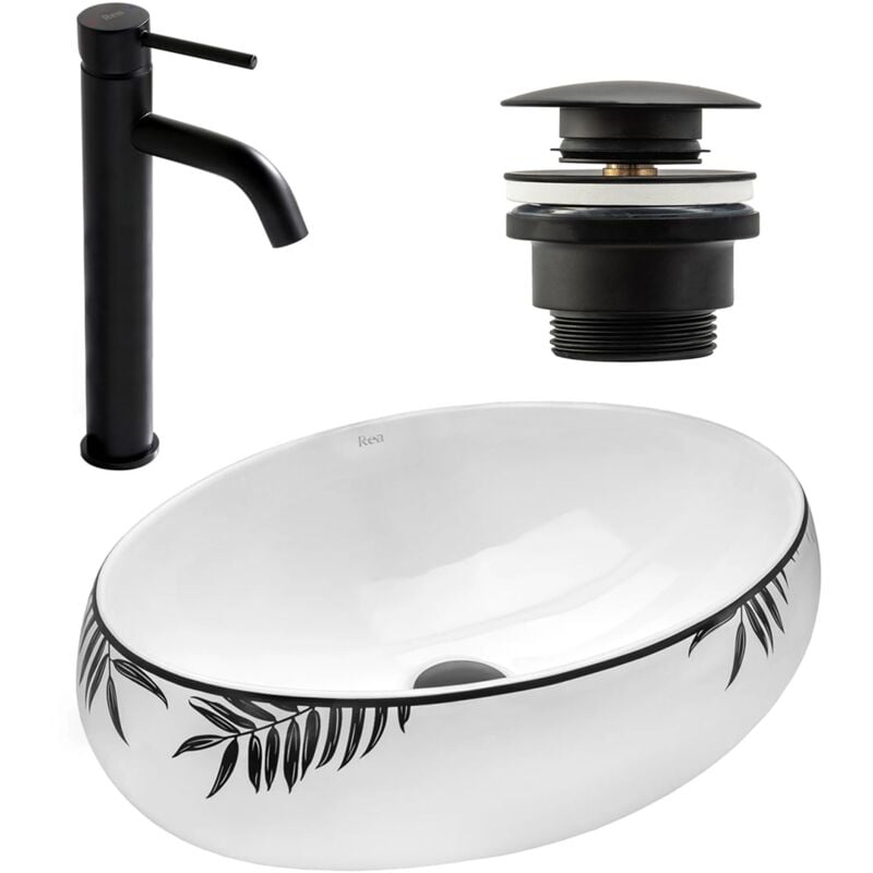 foto del prodotto set lavabo da appoggio shila rubinetto da bagno lungo black matt tappo black matt