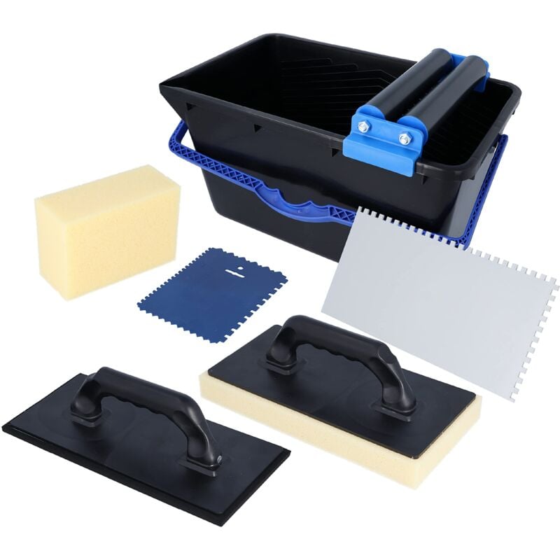 foto del prodotto set lavaggio piastrelle 7 pz. secchio 18l, doppio rullo, tavoletta lavapiastrelle, pannello stuccatore, frattazzo e spugna utensili piastrellisti