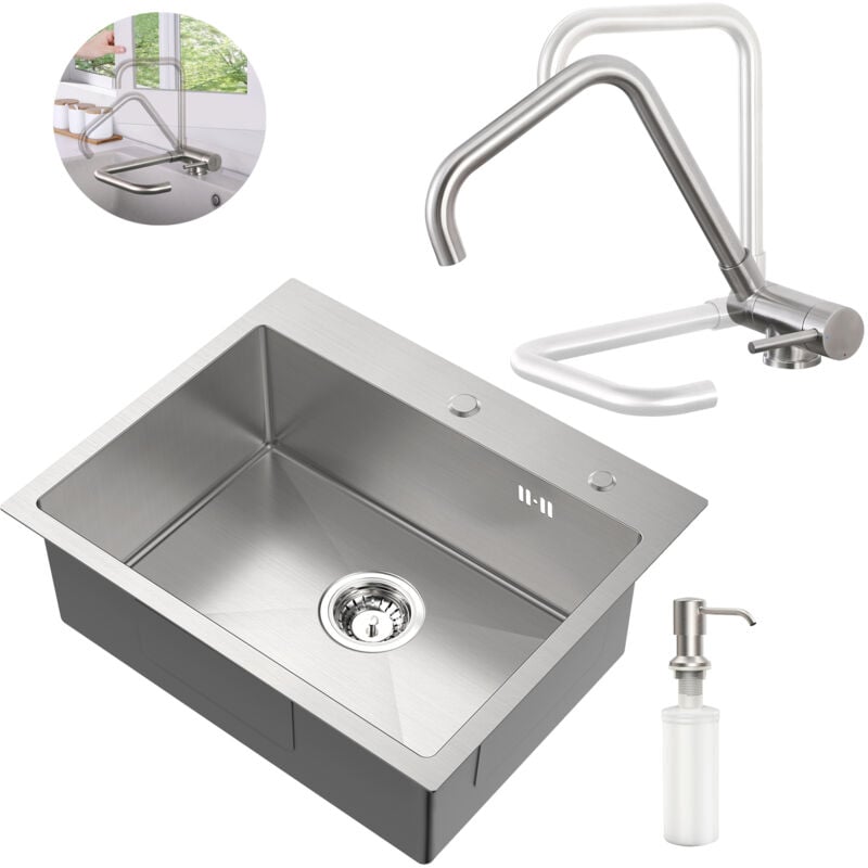foto del prodotto set lavello rubinetto da cucina ribaltabile in acciaio inox, 55 45 cm lavello da incasso con dispenser di sapone, rubinetto frontale con