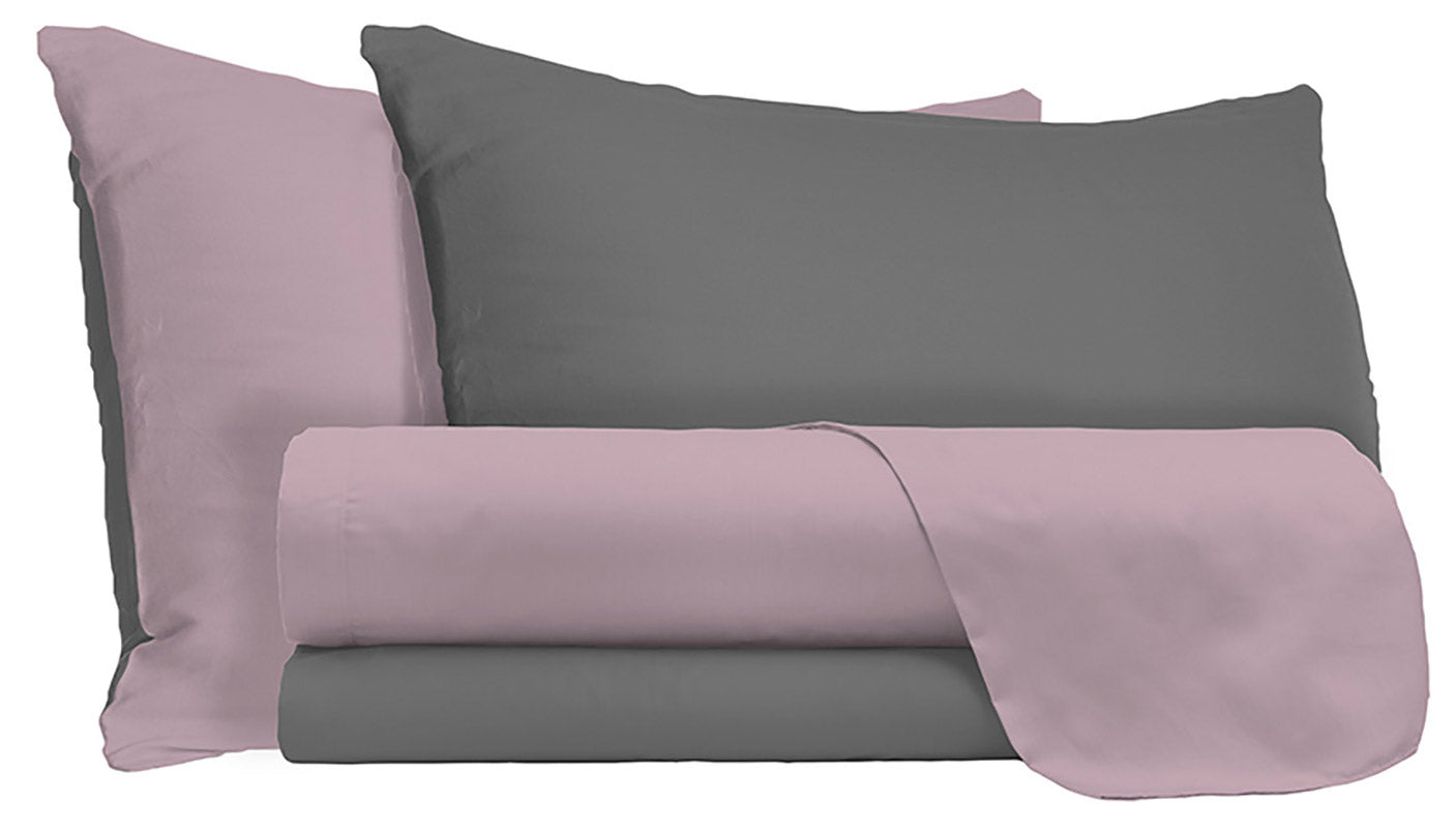 foto del prodotto set lenzuola matrimoniale sopra sotto e federe doubleface rosa antico fumo