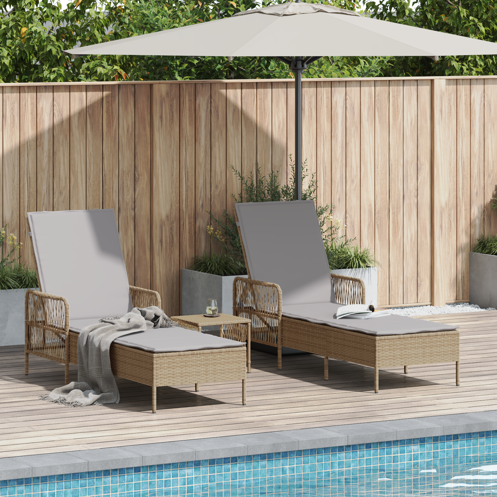 foto del prodotto set lettini prendisole set di 3 beige rattan pe, metallo