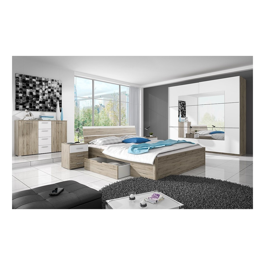 foto del prodotto set letto 160x200 e comodini collezione eos. colore rovere chiaro e bianco.