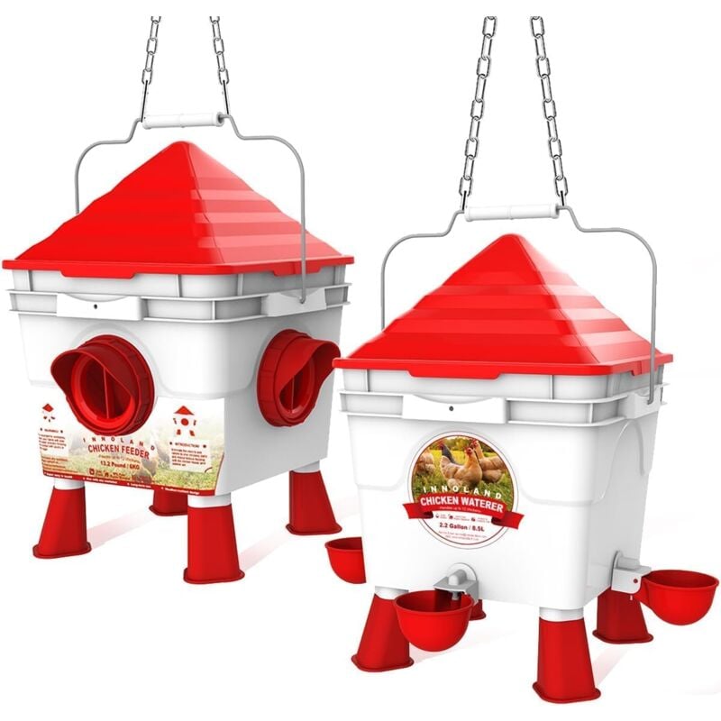 foto del prodotto set mangiatoia per polli e abbeveratoio per polli, 6 kg 8,5 l abbeveratoio automatico per polli e mangiatoia per polli per pollame con 4 porte 4