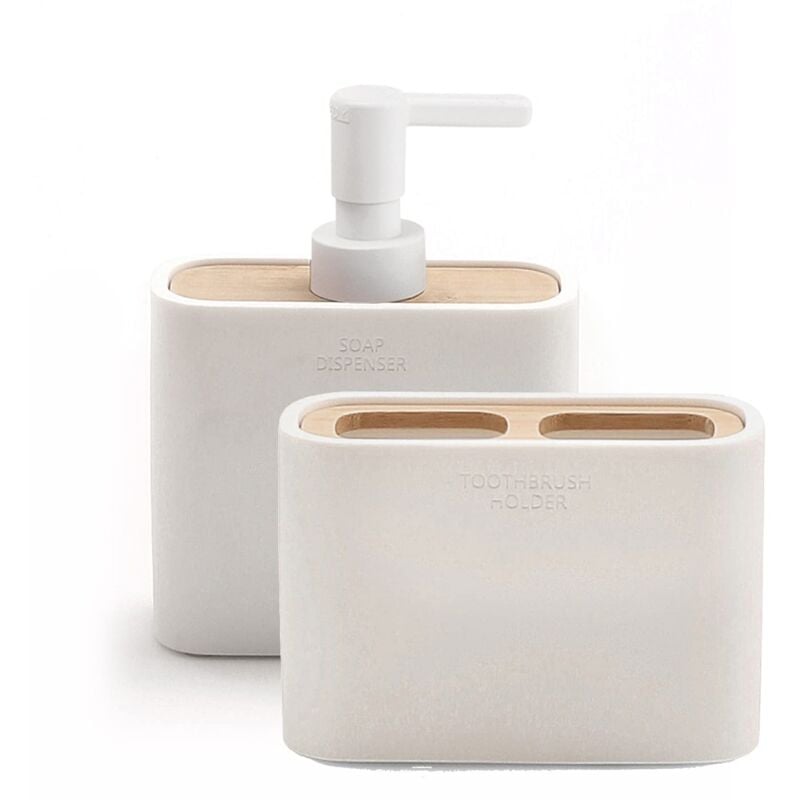 foto del prodotto set melbourne 2 pezzi, 1 dispenser sapone e 1 porta spazzolino, serie realizzata in resina e bamb con finiture bianche gedy