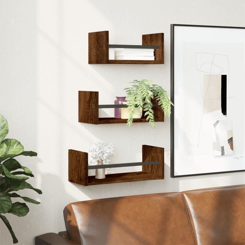 foto del prodotto set mensole parete con aste 3pz rovere marrone in multistrato vidaxl
