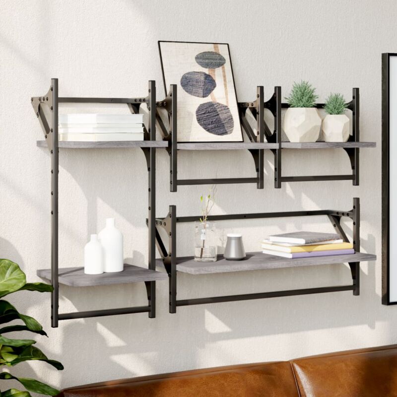 foto del prodotto set mensole parete con aste 4pz grigio sonoma legno multistrato vidaxl